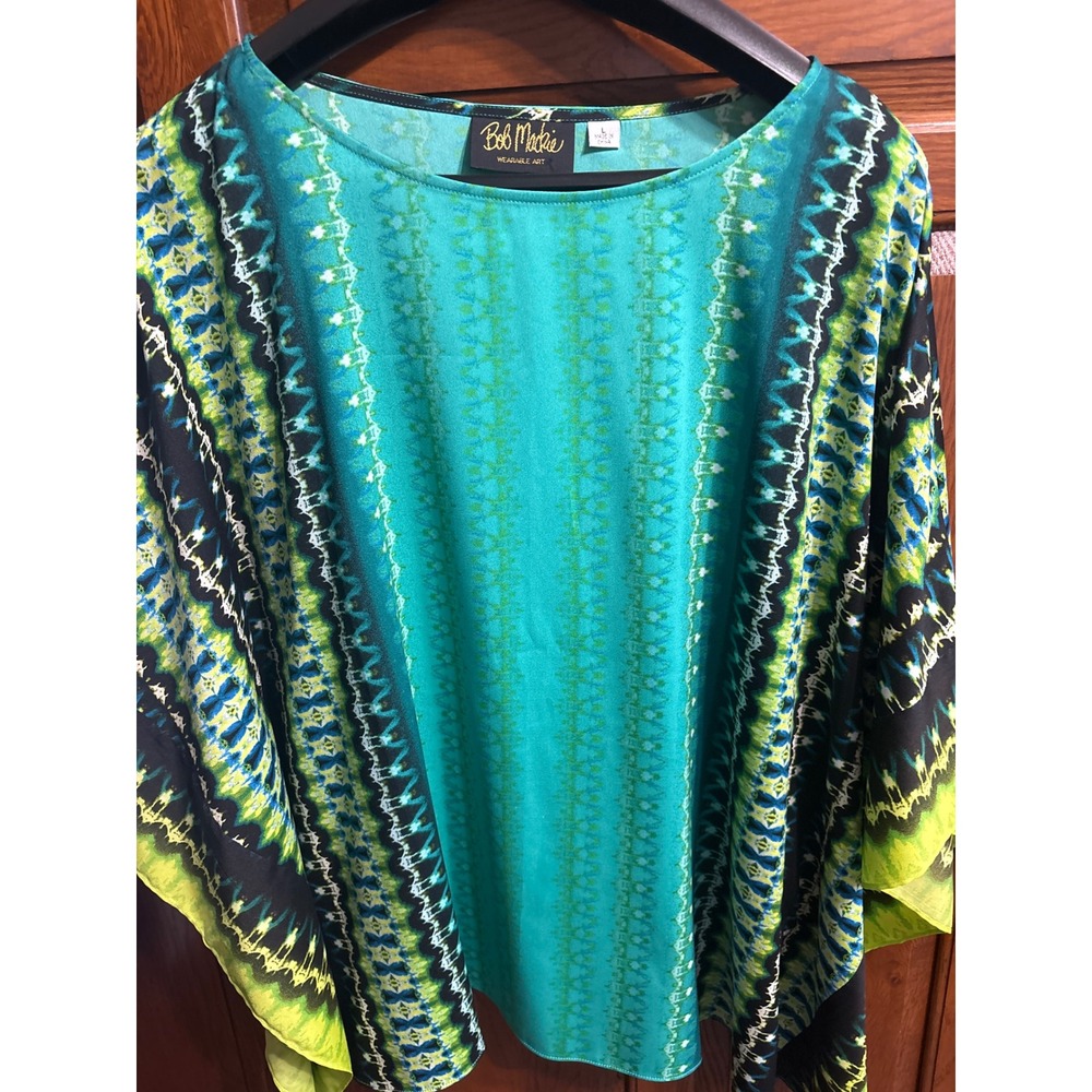 Bob Mackie Large Wearable Art Teal Green Geometric Print Kaftan Blouse Top Party